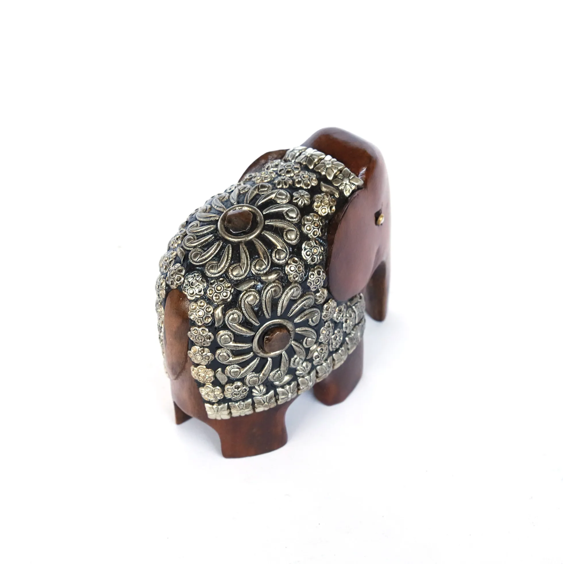 Elefant aus Holz mit Metall- & Steinschmuck