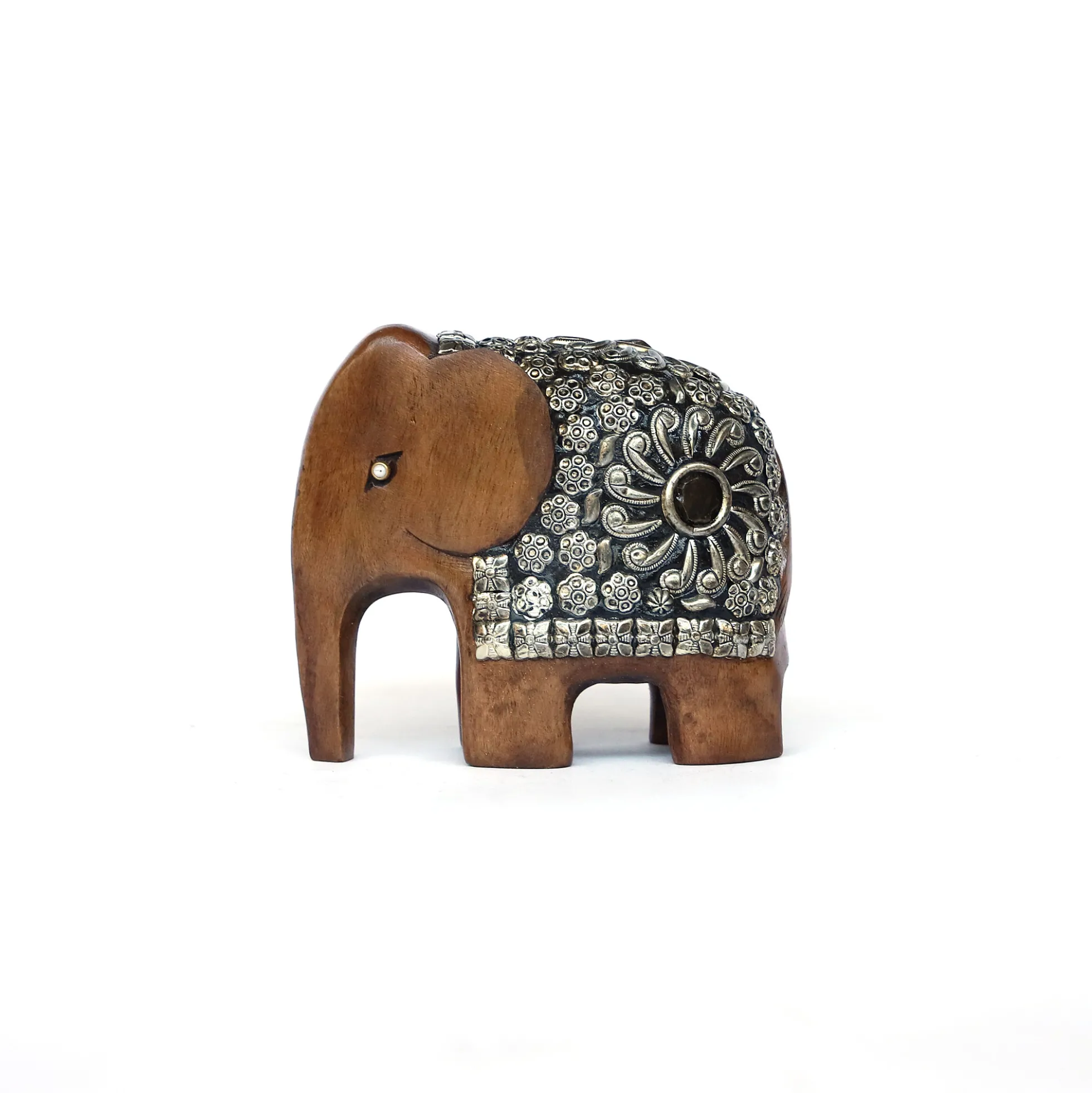Elefant aus Holz mit Metall- & Steinschmuck